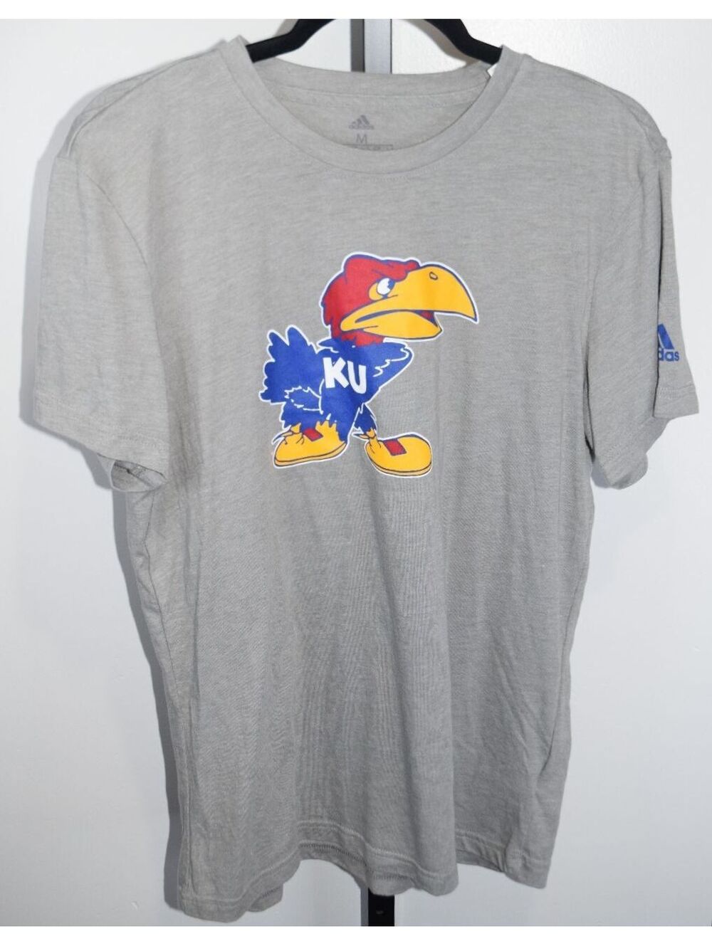 Adidas Kansas Jayhawks KU Gray Mascot Logo T-Shirt Size Medium Short Sleeve